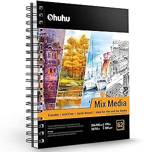 Ohuhu Mix Media Pad, 7" x 10" Mixed Media Art Sketchbook, 120 lb/200 GSM Heavyweight Papers, 62 Sheets/124 Pages, Spiral Bound Mixed Media Paper Pad for Acrylic, Painting Christmas Gift