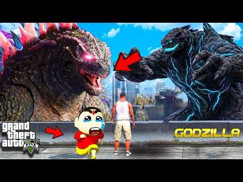 GTA V : Franklin & Shinchan Escaping From Godzilla VS Leather Back Monster Epic Fight in GTA 5