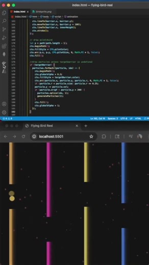 Flying circle evolves to flying bird (Canvas + Sprite Sheet) 🔥🐦 #coding #uidesignlearning #webdesign