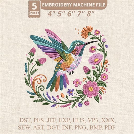 Colorful Hummingbird Embroidery Design With Floral Wreath, Vibrant Bird Machine Embroidery File, Tropical Garden Flower Pattern - Etsy