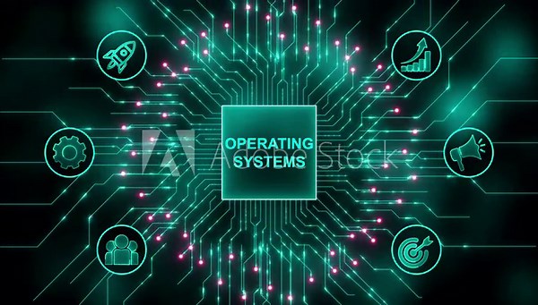 Operating Systems Diagram with Icons. Digital icon and internet technology on virtual interface, ensuring continuous improvement, refining processes, enhancing efficiency, and fostering a culture of Stock Video