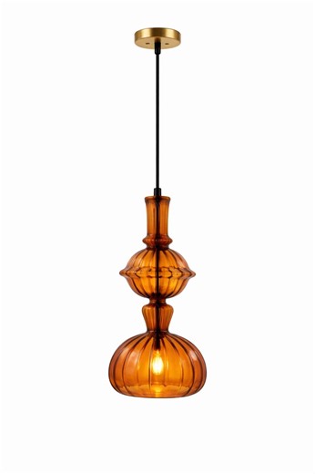 Amber Glass Pendant Light | Mid Century Modern Hanging Lamp | Ribbed Kitchen Island Lighting | Art Deco Ceiling Light | Hand Blown Shade - Etsy