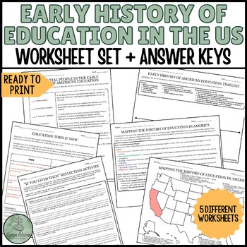 Early History of American Education Worksheet Set | Principles of Education & Tr