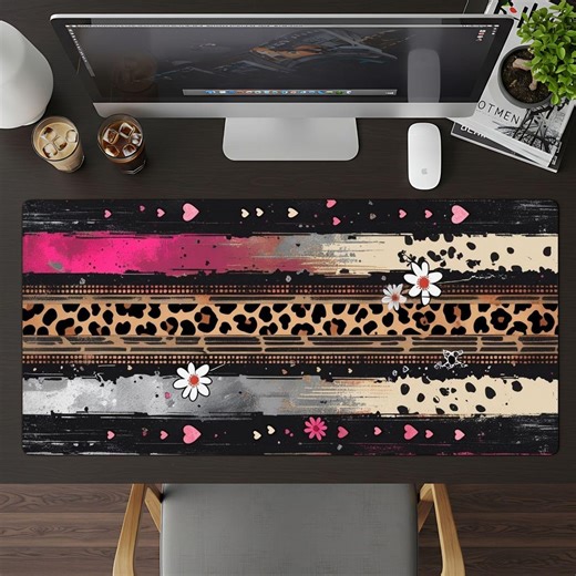 Hearts & Cheetah Extra Large Desk Mat, Custom Mouse Pads, Gamers Mouse Pad Decor, Unique Gaming Mousepads, Pink Hearts, Leopard Print Desk - Etsy