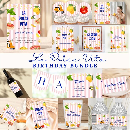 La Dolce Vita Birthday Bundle, Italian Summer Party Decorations, Editable Pasta and Lemon Birthday Invitations, Amalfi Coast Party Decor Kit - Etsy
