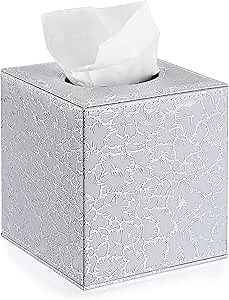 Sumnacon Square Leather Tissue Box Cover - Stylish Cube Tissue Box Holder with Magnetic Bottom, Decorative PU Tissue Box for Vanity Dresser Night Stand Table Countertop Home Office Car, Silver