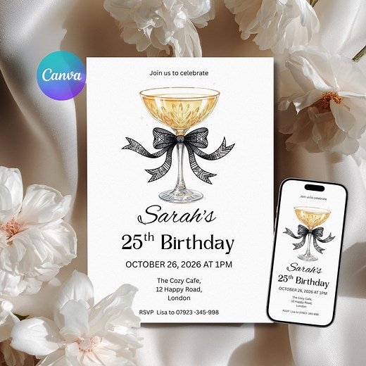 Champagne Coupe Birthday Invitation, Black Bow Invite, Elegant Evite (canva Template) - Etsy