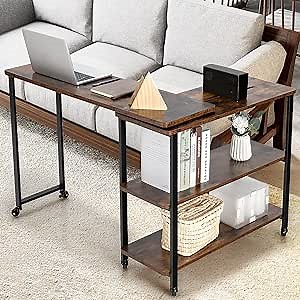 Tangkula Large 360° Free Rotating Sofa Side Table, Patented Mobile Couch Desk with 2-Tier Storage Shelves, Movable Laptop Desk with Sturdy Metal Frame, Extendable Couch Snack Table for Home Office