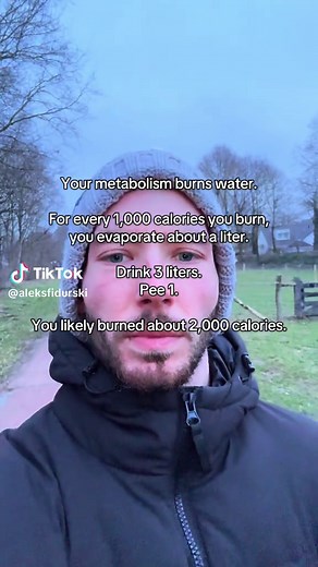 Most people think metabolism is just about calories or body fat. But here’s a cool physiological fact: You don’t just burn calories. You burn water. When your cells oxidize glucose and fat to produce ATP, they generate carbon dioxide, heat; and metabolic water. At normal temperature and humidity, a person evaporates roughly 1 liter of water for every ~1,000 calories metabolized through respiration and skin evaporation. That means water turnover reflects metabolic rate. If you drink 3 liters of f