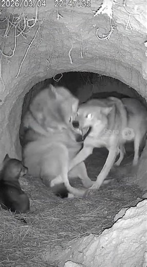 Wolf vs Coyote in the Den – Night Vision Attack