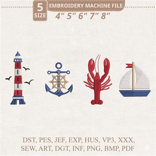 Nautical Embroidery Design Set, Lighthouse Anchor Lobster Sailboat Embroidery Files PES DST Coastal Marine Machine Embroidery