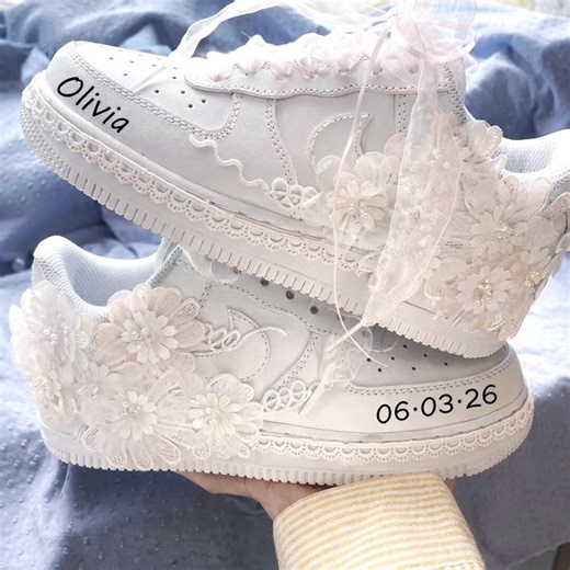 Luxury Pearl Lace Wedding Sneakers for Bride, Handmade Floral Bridal Shoes, Custom Name Bridal Trainers, Comfortable Reception Shoes - Etsy