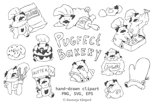 Hand Drawn Bakery Clipart, Pug Baking Doodles for Branding (SVG PNG EPS) - Etsy