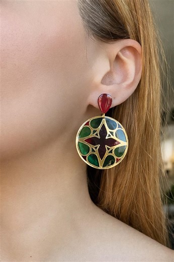 Stained Glass Resin Earrings, Gold Tone Drop Earrings, Colorful Art Gift for Her - Etsy