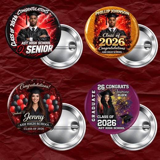 Custom Graduation Photo Pin Button, Class of 2026 Senior Badge, Bold Congrats Grad Pin, Personalized Name School Gift - Etsy