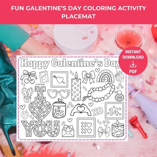 Galentine's Coloring Sheet, Printable Valentines Day Coloring Pages, Galentines Party Coloring Placemat, Fun Kids & Adult Coloring Book - Etsy