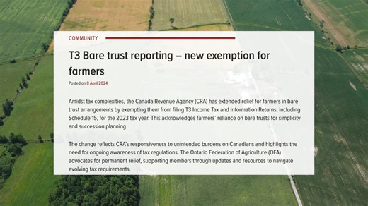 Good news amidst tax complexities as the Canada Revenue Agency extends relief for farmers in bare trust arrangements, exempting them from T3 reporting for 2023 tax year. @OntarioFarms advocates for permanent relief, offering support & resources. Details ➡️ https://bit.ly/3xvmsdW | Ontario Federation of Agriculture