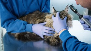 Close up veterinarians examining eyes of Maine Coon cat using otoscope with flashlight. Second Vet assistant holding large calm long grey haired Cat with tufts on ears. Modern veterinary clinic check