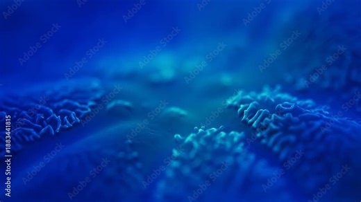 Abstract blue organic forms slowly grow and undulate across the surface. Microscopic textures reveal a mesmerizing and evolving biological landscape.