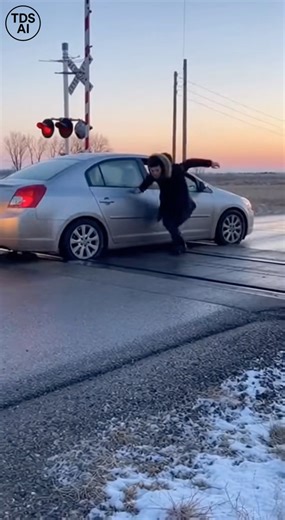 Security Footage Shows Car Stuck on Tracks Moments Before Train Collision in Nebraska Security camera footage recorded in Nebraska captures a terrifying close call as a carm becomes stranded on active railroad tracks just seconds before an oncoming train crashes into it. The video shows the vehicle stopped on the tracks as warning signals activate and the train rapidly approaches. Moments before impact, the driver is seen exiting the car and running to safety, narrowly escaping as the train slam