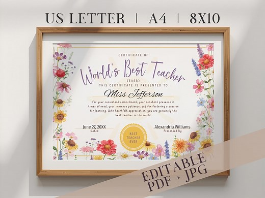 Worlds Best Teacher Certificate Best Teacher Ever Award Printable for Teacher Appreciation Week Personalized Teacher Award Certificate Corjl - Etsy