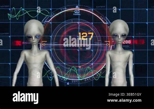 Grey alien examining cybernetic map in futuristic interface professional 3D animation scene. A grey alien studies a glowing cybernetic map inside a futuristic digital interface. This professional 3D animation features detailed sci-fi visuals Stock Video Footage - Alamy