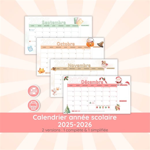 Calendrier scolaire 2025-2026 à imprimer | Planning famille enfant pastel | Organiseur annuel septembre 2025 août 2026 - Etsy France