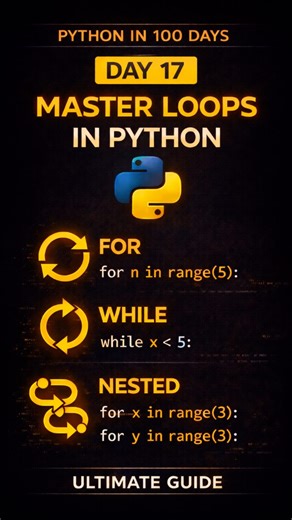 Data Science & AI on Instagram: "Day 17: Master Loops in Python (For, While & Nested Loops) Loops allow you to repeat tasks automatically instead of writing the same code again and again. They are one of the most important building blocks in Python and are used in almost every real-world program. In this lesson, you’ll understand: How for loops work to iterate over ranges, lists, and strings When to use while loops based on conditions How nested loops help handle multi-level or 2D data Mastering