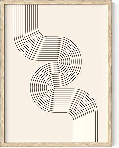 HAUS AND HUES Line Art Mid Century Modern Wall Decor - Boho Prints Wall Art Abstract Geometric Wall Decor Line Art Prints Modern Boho Art Snaking River from Top Left (Beige Framed, 12x16)