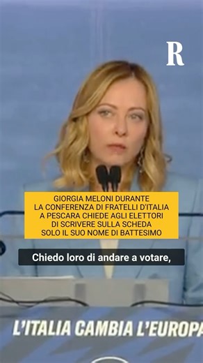 710K views · 558 reactions | La premier Giorgia Meloni nel corso della conferenza programmatica di Fratelli d’Italia a Pescara, ha annunciato la sua candidatura come capolista alle elezioni europee e ha chiesto agli elettori di scrivere sulla scheda solo il suo nome di battesimo. “Sono una persona del popolo, una persona a cui dare del tu”, ha aggiunto. #giorgiameloni #elezionieuropee | la Repubblica | Facebook