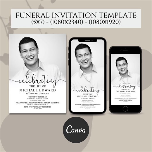Celebrating the Life Invitation, Funeral Celebration of Life Template, Memorial Service Announcement, in Loving Memory Evite, Editable Canva - Etsy