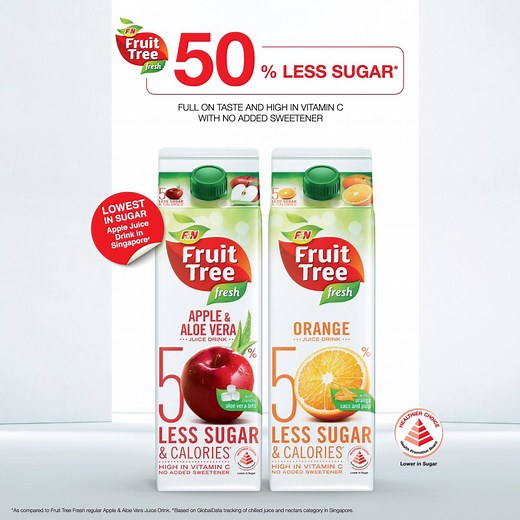 We heard you, and we think you shouldn’t have to choose between great, natural taste and reduced sugar when you can have both! Introducing Fruit Tree Fresh 50% Less Sugar and Calories Juice Drink, a brand new range in our delicious line of fruit juices. As with everything we make, these healthier juices are made with the same amount of passion with half the amount of sugar and calories because life simply tastes better that way! Now available in 1-litre packs at all major supermarkets or conveni