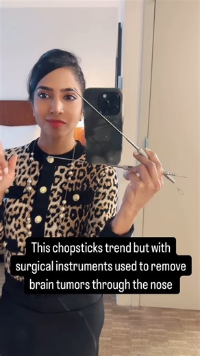 Dr. Rupa Juthani on Instagram: "Just a neurosurgeon doing the chopstick challenge with brain surgery instruments. We use highly specialized endoscopic microsurgical instruments like these to perform minimally invasive surgery to remove brain tumors through the nose. The instruments are long and delicate. Perfect for my take on the chopsticks 🥢 trend 😂 Also this was much harder than expected. And no they are not taped or glued in any way. Thanks to @queencitytrends for the inspiration and our s