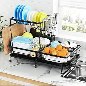 YKLSLH Expandable Dish Drying Rack, 2 Tier Large for Kitchen Counter with Drainboard, Glass and Utensil Holder (Black),(LSJ-ZFX2)