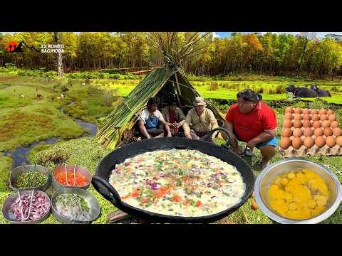 World Biggest Egg Omelette Cooking in Outdoor open Green Ground Build Sunroof Survival Bushcraft