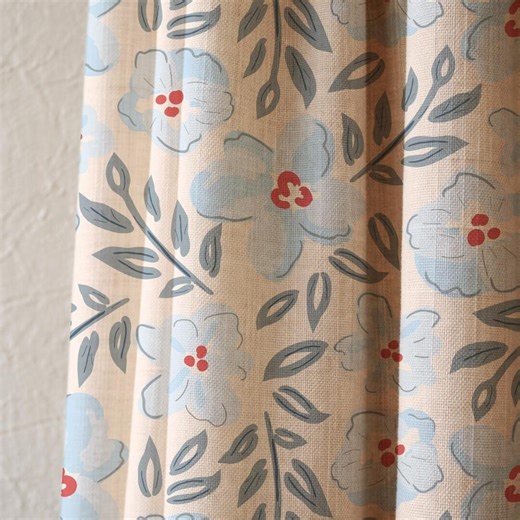 Blue Floral Linen Curtain Panel, Scandinavian Botanical Print Drapes - Etsy