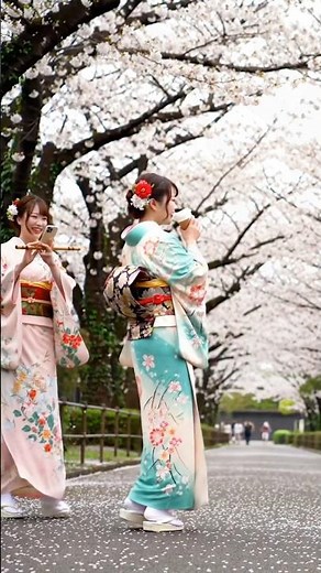 Japanese Girl in Kimono Walking Through Cherry Blossoms | Slow-Motion Nature Vlog #youtubeshorts