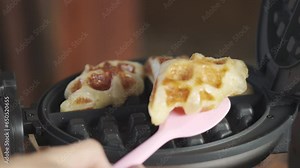 Slow motion 4K illustrating gourmet menus, cooking techniques, of homemade cuisine, delicious croffle. it's for a café, bakery, or any food-related content of process how to making or baking bakery. Stock Video