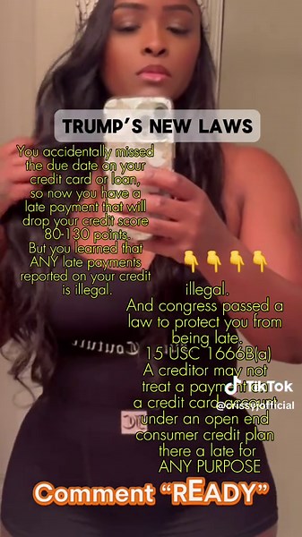 You missed a payment and your score dropped 100 points?! Here's what they didn't tell you: Being late Under 15 USC 1666B(a), CongresSpasseda (a) law that says your creditor can’t legally mark your credit card late for ANY reason it falls under an open-end consumer credit plan. Trump's new credit laws changed the game— ➡️But you still scrollin' like your score ain't hurting🤷🏽‍♀️ ➡️Comment