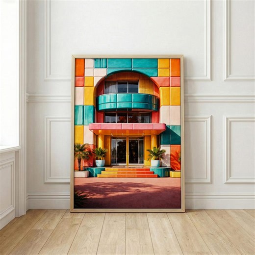 Wes Anderson Style Art Print | Memphis Design Poster | Postmodern Architecture Decor | Geometric Facade Wall Art | Retro Miami Hotel Gift - Etsy