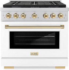ZLINE Autograph Edition 36 in. 5.2 cu. ft. Paramount Gas Range with 6 Burner Cooktop and Convection Gas Oven in Stainless Steel with White Matte Door and Polished Gold Accents (SGRZ-WM-36-G)