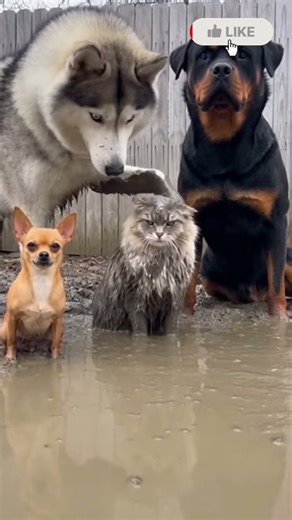 Muddy Squad: Husky Pets Grumpy Cat In A Puddle