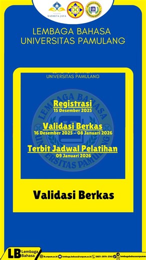 Lembaga Bahasa Unpam on Instagram: "Reminder kecil tapi penting ⚠️ Validasi berkas on progress 🗓️16 Desember 2025 – 8 Januari 2026 Stay chill, jangan panik ✨ Jangan lupa cek status berkas kamu secara berkala di mylb ya👀💬 #validasiberkas #lembagabahasaunpam #unpamviktor #universitaspamulang #berbagiuntuknegeri"
