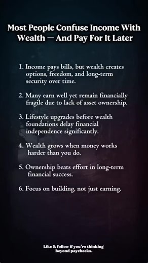Income feels powerful, but it’s temporary. Wealth is what remains when income stops. Most people never pause to understand this difference, and it costs them decades. They upgrade lifestyles before building foundations. This post exists to slow you down and shift your focus from earning to owning, from spending to structuring. #WealthVsIncome #MoneyTruths #FinancialLiteracy #RichMindset #BuildWealth | Mr. RRP Finance