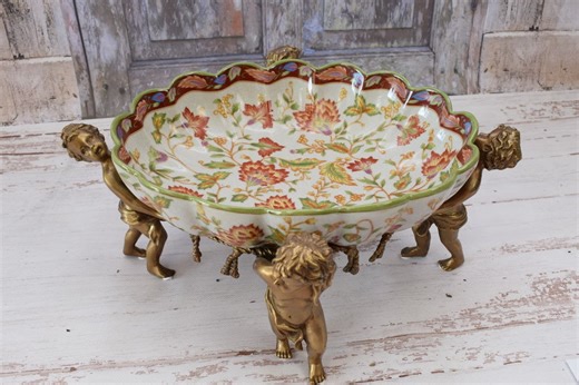 Vintage Porcelain Bowl: Bronze Angels, Floral Plateau Decor - Etsy