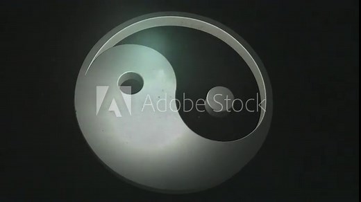 3D Yin and yang symbol, passing through a thick, dense atmosphere, smooth 3D revolving motion, dramatic light, realistic look and feel, close-up, slow-motion CG animation of complementary forces.