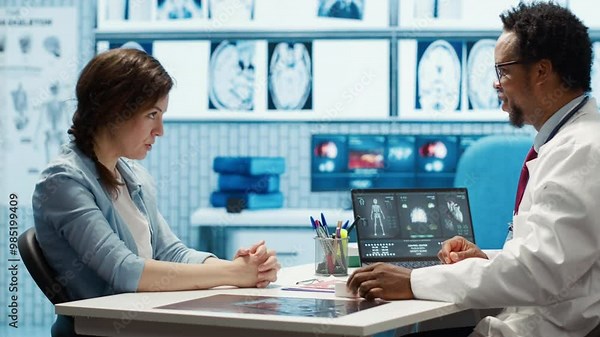 Expert evaluating diagnostic results with a patient in a medical cabinet, showcasing advanced healthcare technology using a screen displaying x rays and MRI scans. Care management. Camera A.