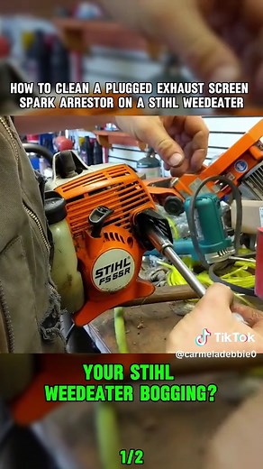 How to clean a plugged exhaust screen - spark arrestor on a Stihl Weedeater (if it's bogging) #Trimmer #fix #restore #tractor #savemoney #eco #battery #Engine #lawncare #maintenance #Mower #grass #gardening #free #yardsale #lawn #diyrepair #fyp