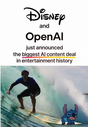 🚨Disney OpenAI just announced a HUGE partnership! This billion dollar deal could completely change the future of entertainment and AI. Here’s what you need to know. Disney is partnering with OpenAI to become the first major content licensing partner on Sora (OpenAI's AI video platform) and ChatGPT Images. The three-year deal allows users to create AI-generated videos featuring 200 Disney, Marvel, Pixar, and Star Wars characters - only animated, masked, and creature characters (no actor likeness