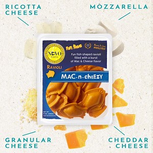 Nuovo’s Mac-N-Cheezy Ravioli is bursting with real macaroni and cheese flavors in fish-shaped ravioli🐟 Ready in just minutes, they’re fun for kids of all ages - yes, even big kids like us😉 Discover all our products with the link below: https://www.nuovopasta.com/products/pasta-collections/ | Nuovo Pasta